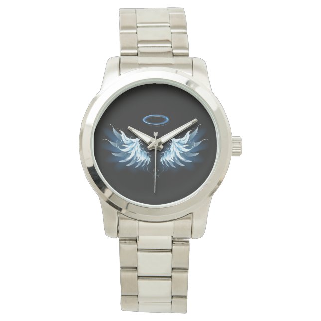 Montre Blue Glowing Angel Wings on black background (devant)