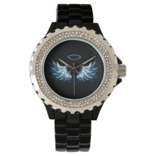 Montre Blue Glowing Angel Wings on black background
