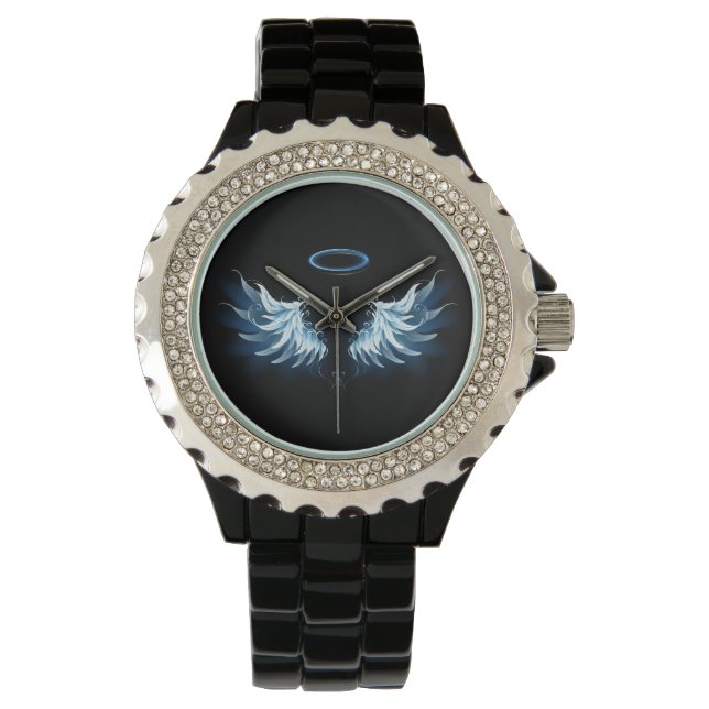 Montre Blue Glowing Angel Wings on black background (devant)