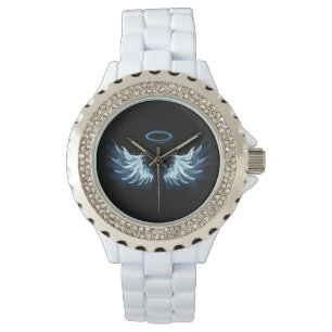 Montre Blue Glowing Angel Wings on black background