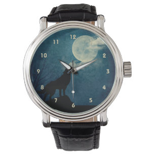 Montre Blue Moon, Pleine lune Howling Wolf Custom Watch