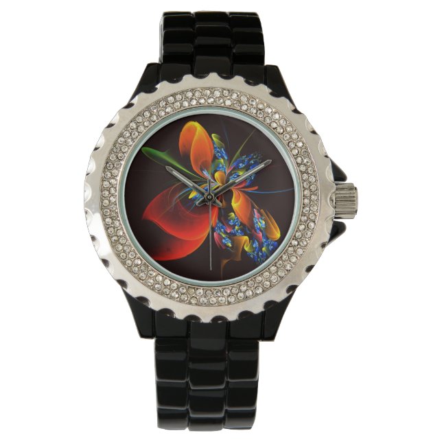 Montre Blue Orange Floral Moderne Art Abstrait Motif #03 (devant)