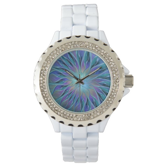 Montre Blue Purple Flower Dream Abstrait Fractal Art (devant)