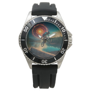 Montre BMX Rider par un lac forestier