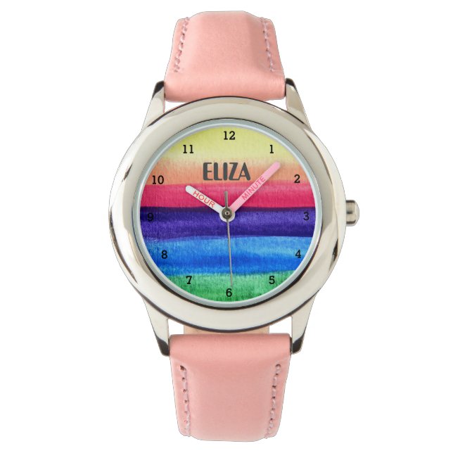 Montre Boho Arc-en-ciel Aquarelle mignonne Filles rose No (devant)