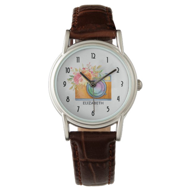 Montre Boho Orange Caméra & Bouquet Floral Aquarelle (devant)