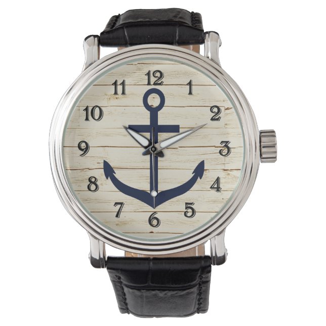 Montre Bois rustique blanc Faux avec Ancre (devant)