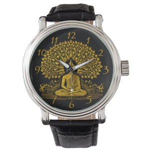 Montre Bouddha d'or complexe entouré de feuillage luxuria