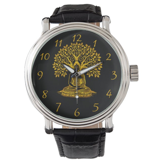 Montre Bouddha d'or sous un arbre dans une méditation pac (devant)