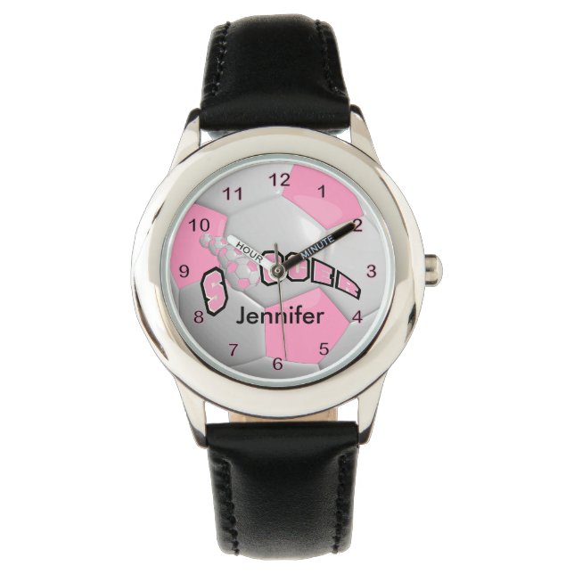 Montre Boule de soccer rose personnalisée (devant)