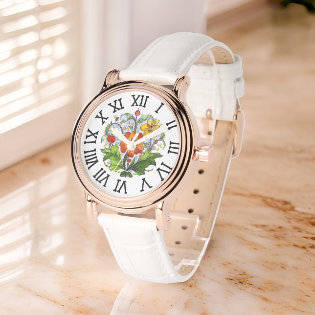 Montre Bouquet de fleurs jaunes orange Deruta italien Mot (Stylized Orange Yellow Flower Bouquet Italian Deruta Motif on marbled top)