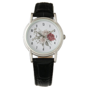 Montre Bouquet de fleurs rouge gris et crème Boho