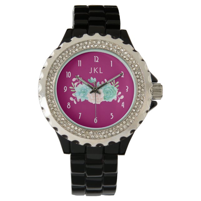 Montre Bouquet floral rose et vert Pastel Monogramme pers (devant)