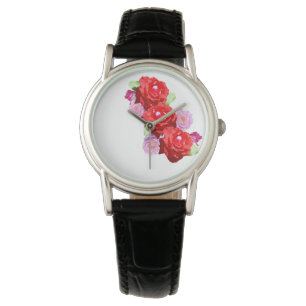 Montre Bouquet Rose Et Rose Rouge, Cuir Dames