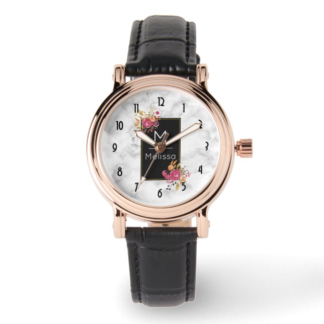 Montre Bouquets de coin rose floral sur cadre noir person (Recto)
