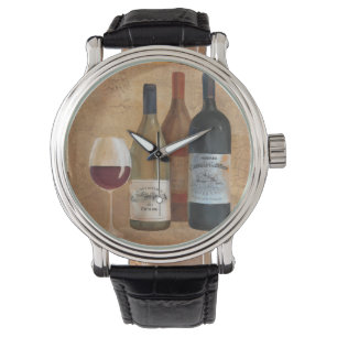 Montre Bouteilles de vin vintages et verre de vin
