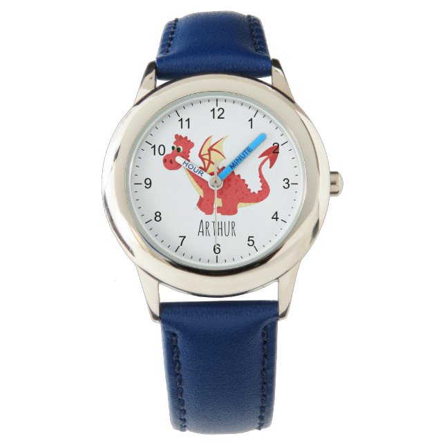 Montre Boys jote Red Welsh Dragon Cartoon & Nom Enfants (devant)