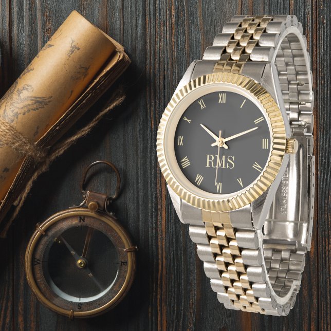 Montre Bracelet en or noir monogramme personnalisé (Custom Black Monogrammed Gold Silver Tone Bracelet Watch)
