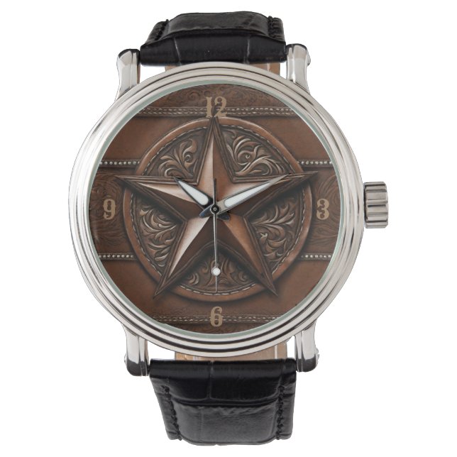 Montre Brown Cowboy Rustique Western Country Texas Star (devant)