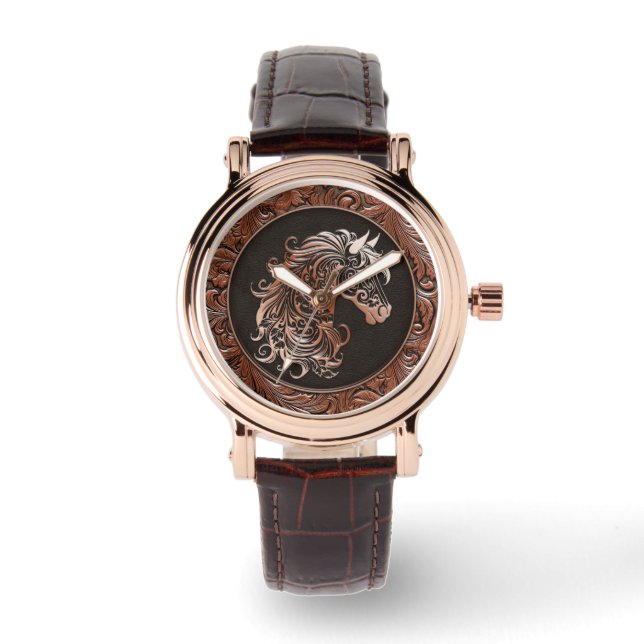 Montre Brown cowgirl floral à outils cuir tête de cheval (Recto)