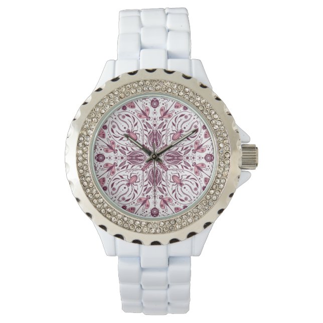 Montre Buissons, magenta foncé et rose sur blanc (devant)