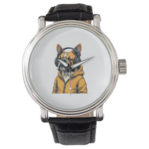 Montre Bulldog Vintage avec Casque Audio Portant un Sweat