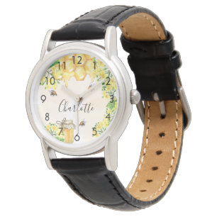 Montre Bumble abeilles miel fleurons jaunes nom monogramm