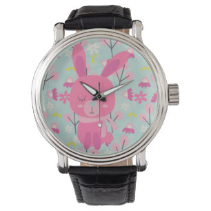 Montre Bunnies et fleurs roses