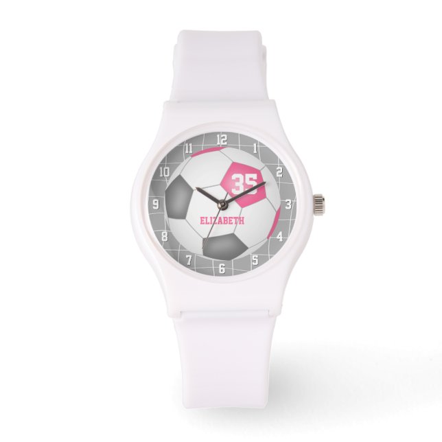 Montre but sportif net détail rose gris blanc soccer (Recto)