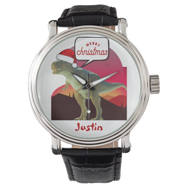 Montre cadeau de noël dinosaure, nom personnalisé (devant)