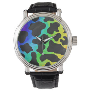 Montre Cadeaux noir et arc-en-ciel de vache