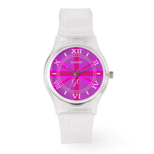 Montre Cadran fuchsia personnalisé d'Union Jack de roses