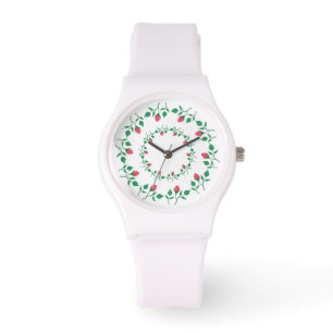 Montre Cadre rond fleuri avec fleurs roses