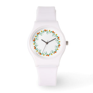 Montre Cadre rond floral avec fleurs de rose jaune et rou