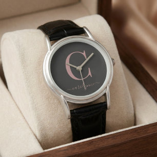 Montre Calligraphie élégante monogramme noir et or rose