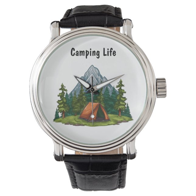 Montre Camping Life, avec une tente dans le sac à dos en  (devant)