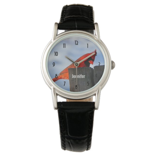 Montre Cardinal rouge sur la souche en bois Personnalisé (devant)