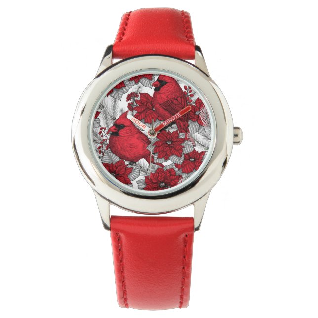 Montre Cardinaux et poinsettia en rouge et blanc (devant)