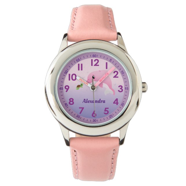 Montre Caricature Dauphin Rose mignonne Filles Nom Person (devant)