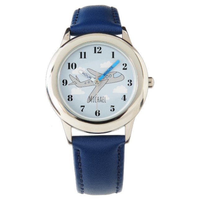 Montre Caricature d'avion bleu enfants et nom garçons (devant)