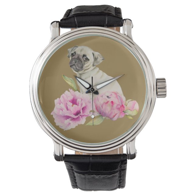 Montre Carlin et pivoines | Illustration aquarelle (devant)