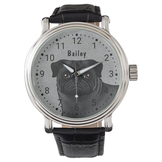 Montre Carlin Noir Cartoon Chien Visage Gros plan Avec No (devant)