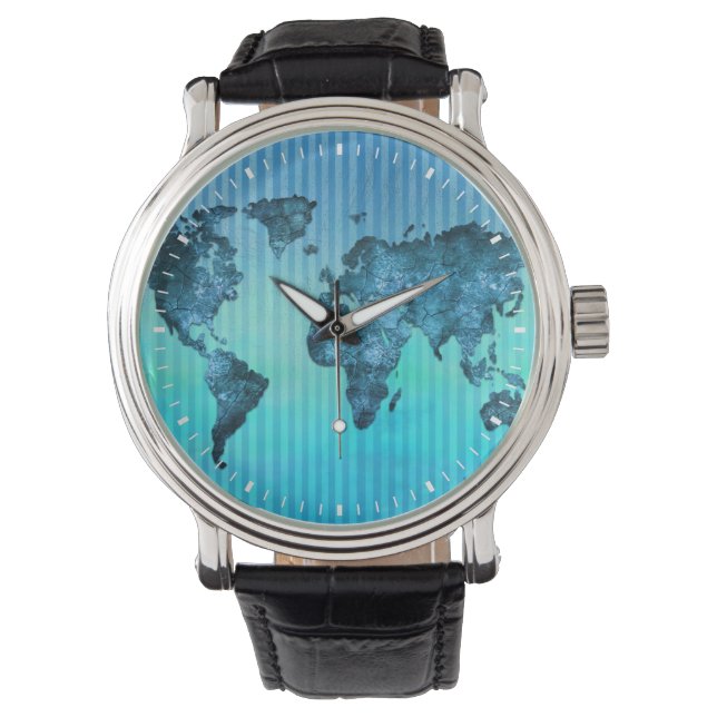 Montre Carte du monde | Bleu néon (devant)