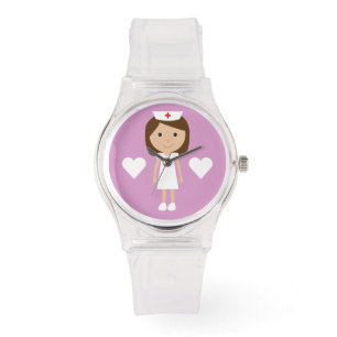 Montre Cartoon mignon Cheveux Brown Infirmière et Coeurs 