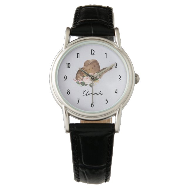 Montre Casquette Brown Cowgirl avec fleurs roses (devant)