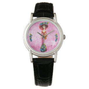 Montre Catrina Avec Robe Rouge & Fleurs Bleues Sur Rose W