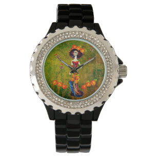 Montre Catrina W/Casquette, Fleurs orange et Rouffes d'or