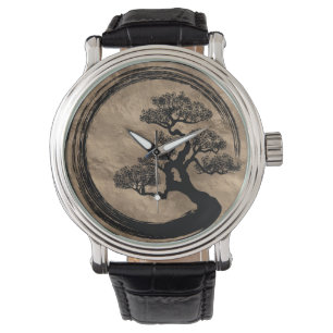 Montre Cercle de zen d'Enso et or d'arbre de bonsaïs