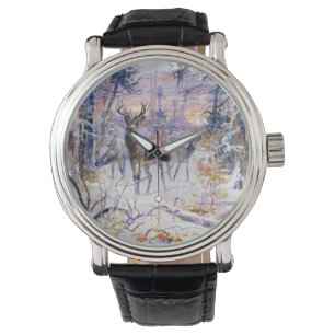 Montre Cerf dans une forêt de neige (saison d'hiver)