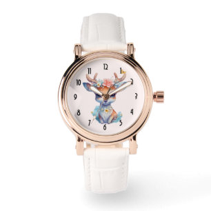 Montre Cerf de Bébé mignon avec Antlers et Fleurs